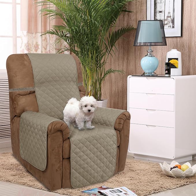 U-NICE HOME Reversible Recliner Chair Covers, Khaki/Light Grey | 28''Recliner Cover for dogs Washable, Pet Friendly, Elastic Straps, Water Repellent, Diamond Quilted - Image 2