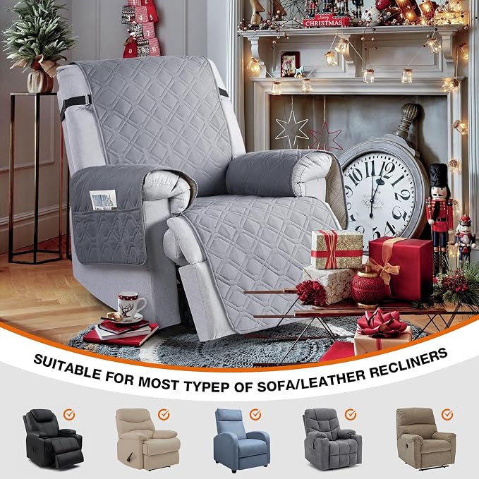 VANSOFY 100% Waterproof Recliner Chair Covers Washable, Light Gray, 30" | Non-Slip, Slipcover with Pocket, Furniture Protector, Elastic Straps, Chair Cover for Pets, Dogs - Image 4