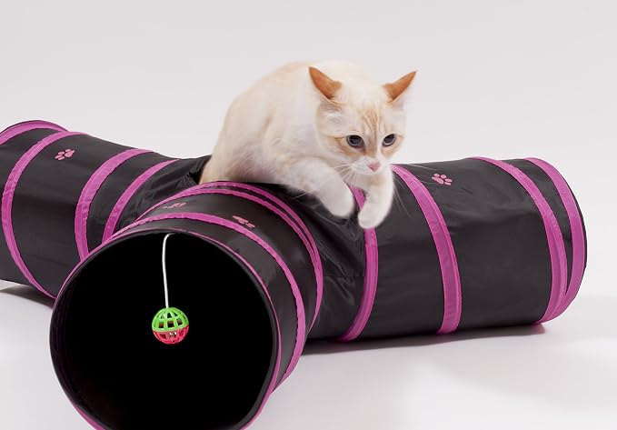 Cat Tunnel - Collapsible 3 Way Play Toy - Interactive Tube Toys for Rabbits, Kittens, and Dogs - Black/Pink - Image 5