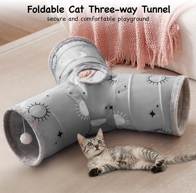 Tempcore Cat Tunnel for Indoor Cats, 3 Way Collapsible Pet Play Tunnel with Teaser Wand, Peek Holes & Hanging Ball, Interactive Tube for Kittens & Rabbits, Grey Sun - Image 3
