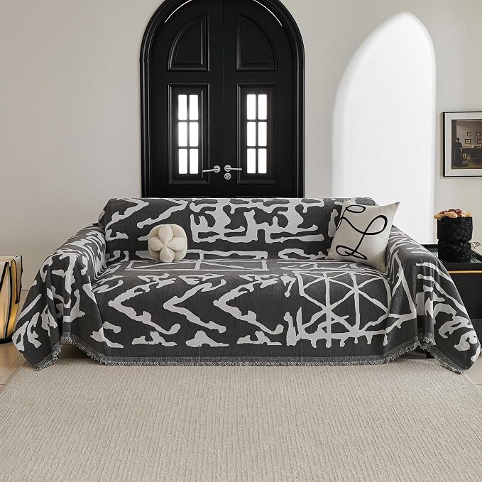 MYSKY HOME Boho Couch Cover Sofa Covers, Couch Covers for 2 Cushion Couch Sofa, Chenille L Shape Sectional Couch Cover - Pet-Friendly, Machine Washable, Sofa Protector for Kid, 71"x118", Grey Geometry - Image 2