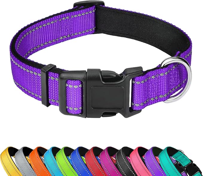 Reflective Dog Collar, Adjustable Soft Neoprene Padded,Purple,XS | Breathable Nylon for Puppy Dogs Cats,Tear-Resistant Webbing,Chafe‑Free on Walks and Hikes,Metal D-Ring,Night Safety by PWOD
