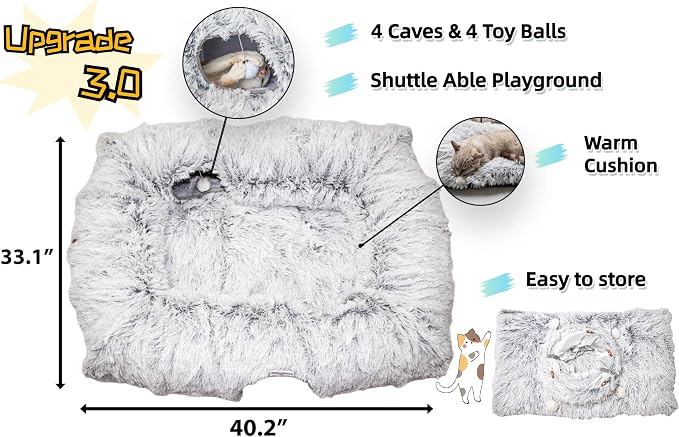 XxingSheep 4 Cave Shuttled XL Cat Tunnel Bed for Indoor Cats Peekaboo Toy Donut with Warm Mat, Azure Blue - Image 4