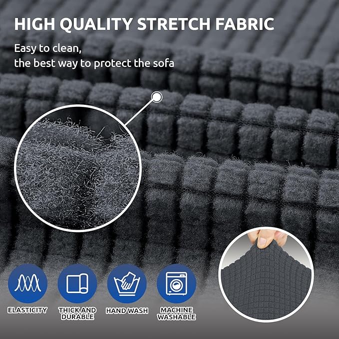 KEKUOU Stretch Couch Covers for Sofa, 3 Cushion Couch Slipcover,Charcoal | 1-Piece Washable Sofa Cover Pet Friendly(78"-94") Furniture Protector Soft Jacquard, Elastic Bottom for Dogs & Kids - Image 5