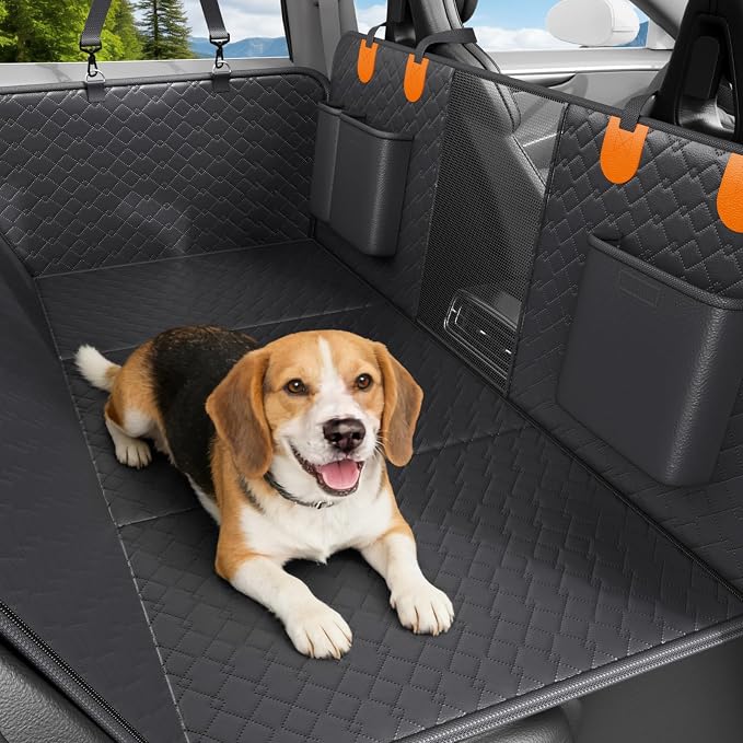 Dog Car Seat Cover Waterproof Vegan Leather, Scratchproof, Hard Bottom Back Seat Extender for Dogs, Non Slip Back Seat Protector with Mesh Window, Easy to Clean Fit Full Size Trucks, Orange by REDASW