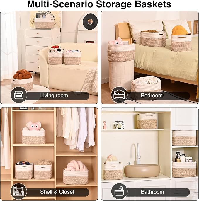 ICERZCZ Storage Baskets for Shelves, Woven Storage Basket, Bins for Cube Storage, Cotton Rope Basket with Handles for Toy, Book, and Clothes Living Room, (4 Packs) Off White & Brown - Image 5