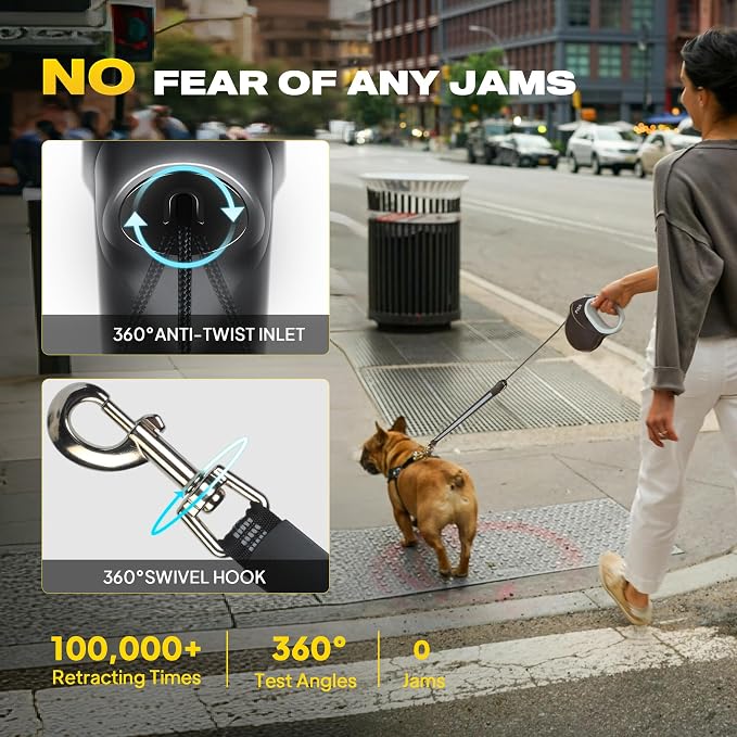 Fida Upgraded Retractable Dog Leash, 30ft, Heavy Duty, Black | Long Walking Leash for Medium/Large Dogs up to 110 lbs, 360° Tangle-Free, Soft Grip, One-Hand Brake - Image 4