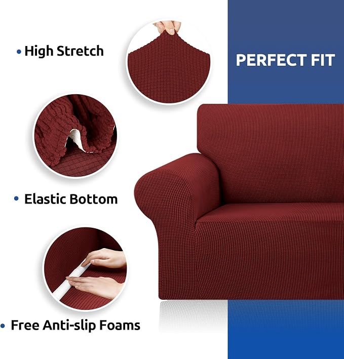 KEKUOU Stretch Oversized Couch Covers for Sofa Slipcover,Dark Red | 1-Piece Washable Sofa Cover (94"-110") 4-Seater Furniture Protector, Soft Jacquard Non-Slip Elastic Bottom for Dogs & Kids - Image 7