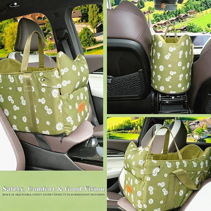 Center Console Dog Car Seat Safe Travel for Small Dogs Under 15 lbs | Detachable Washable Pet Carrier with Storage Pockets & Safety Leash, Light Green - Image 5