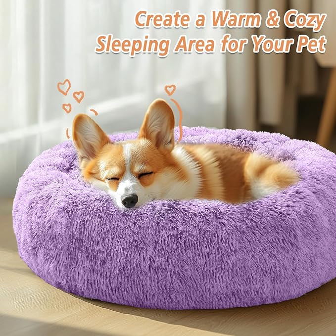 JOLLYVOGUE Calming Dog Bed for Small Dogs - 23 inches Donut Washable Small Dog Bed for Kittens & Puppies, Anti-Slip Round Fluffy Plush Faux Fur Cat Beds (Fits up to 25 lbs Pets, Purple) - Image 4