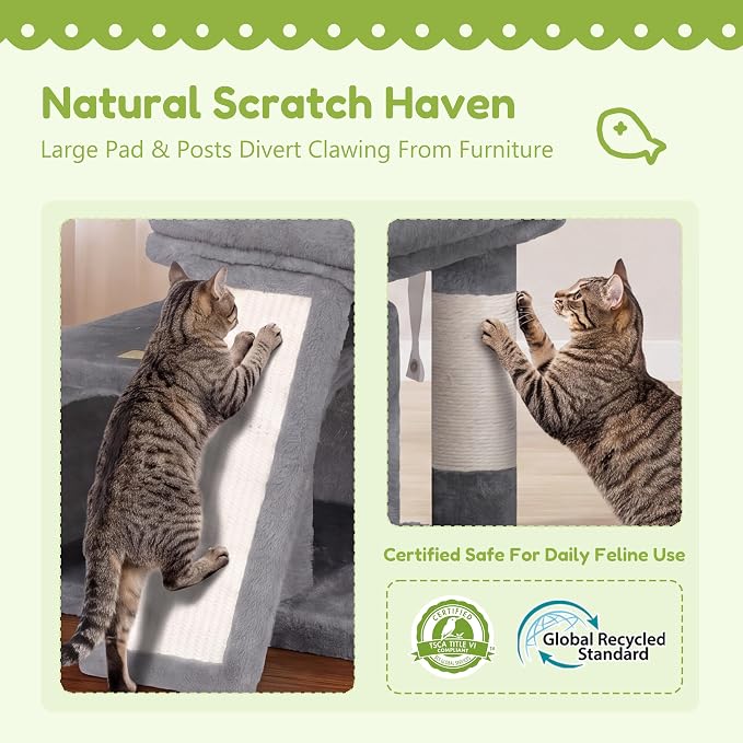 Heybly Cat Tree, Multi-Season Stable Cat Activity Tower, HCT207SW | Wooden Top Platform Cat Tower, Soft Plush Perch, Sisal Scratching Board, Cat Basket & Cozy Kitten Cat Condo, Light Gray - Image 4