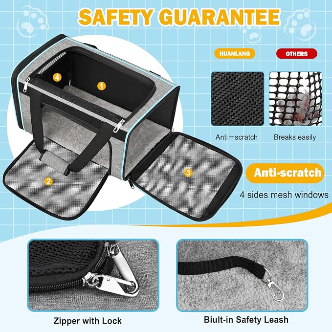 HUANLANG Large Cat Carrier Soft Sided Travel Pet Carrier Airline Approved | Dog Carriers for Small Dogs Medium Cats,Collapsible,3 Storage,zipper lock,Reflective strips,Luggage Strap, Up to 15 Lbs, Grey - Image 4