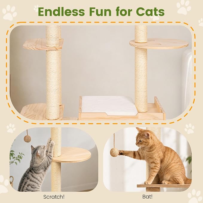 58 Inch Large Solid Wood Cat Tree, Tall Cat Tower for Indoor Cats, Cat Tree House with Double Tunnels, Sisal Scratching Posts, Washable Cushion, Hanging Balls, Natural - Image 6