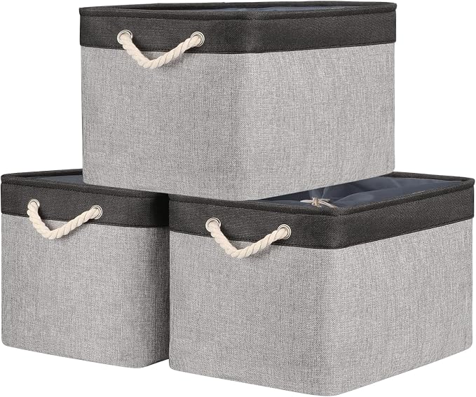 TheWarmHome Organization and Storage Basket for Shelves - 20x16x14 inch Jumbo 3 Pack Collapsible Storage Bins for Organizing, Fabric Storage Cubes for Organizer Gift Toy Closet (Black & Grey) by TheWarmHome