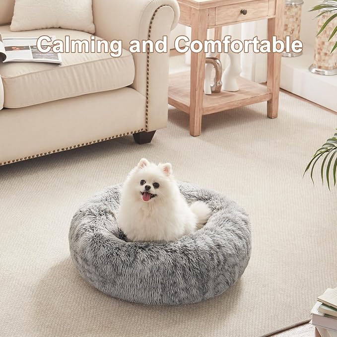 23 inches Faux Fur Fluffy Donut Dog Bed for Small Dogs,Dark Grey | Calming Plush Round Puppy Pet Bed with Removable & Washable Cover,Fits up to 25 lbs Pets - Image 2