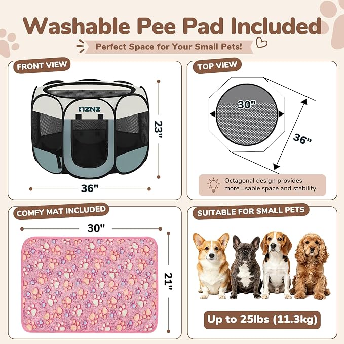 Dog Cat Small Animal Puppy Playpen Crate with 2 Blankets, Medium, Grey | Portable Pop Up Pet Cage Enclosure Tent Kennel Indoor Outdoor with Carrying Case, No Assembly, Camping Use - Image 2