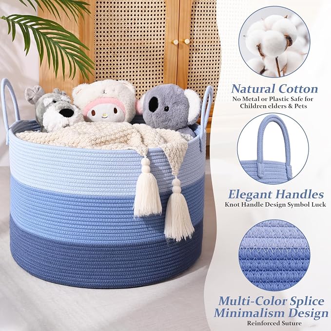 67L Large Woven Blanket Basket, Cotton Rope Baby Laundry Hamper with Handles, Kids Toy Basket for Classroom & Nursery, Soft Round Stuffed Animal Storage, Dog Toy Bin - 20"x13", Blue - Image 3