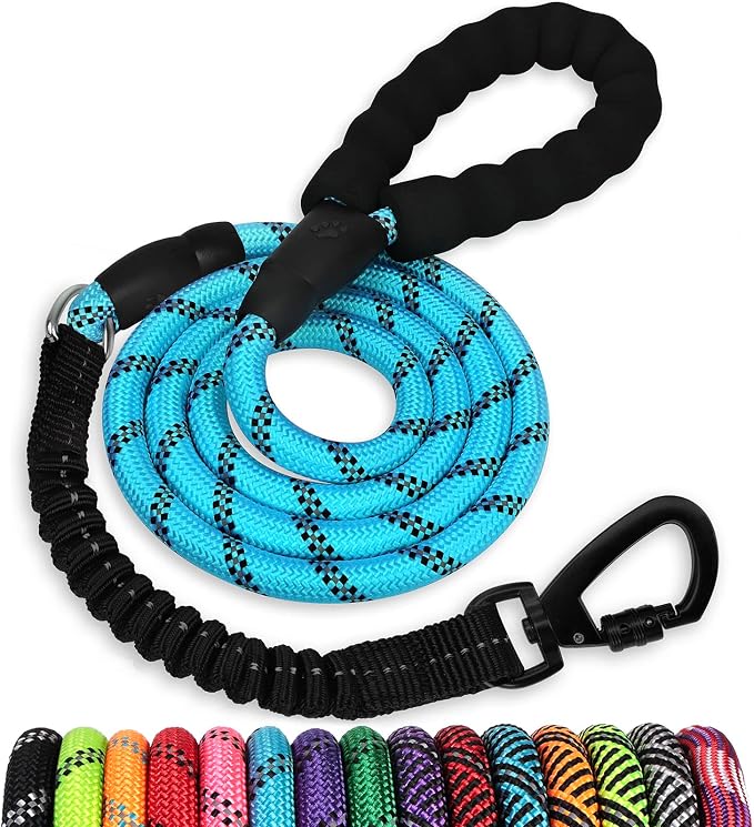 Rope Dog Leash 6 FT: Heavy Duty Leashes with Swivel Lockable Hook Reflective Threads Bungee and Padded Handle - Dog Lead for Large Small Medium Dogs Outside Walking Hiking Blue by jenico