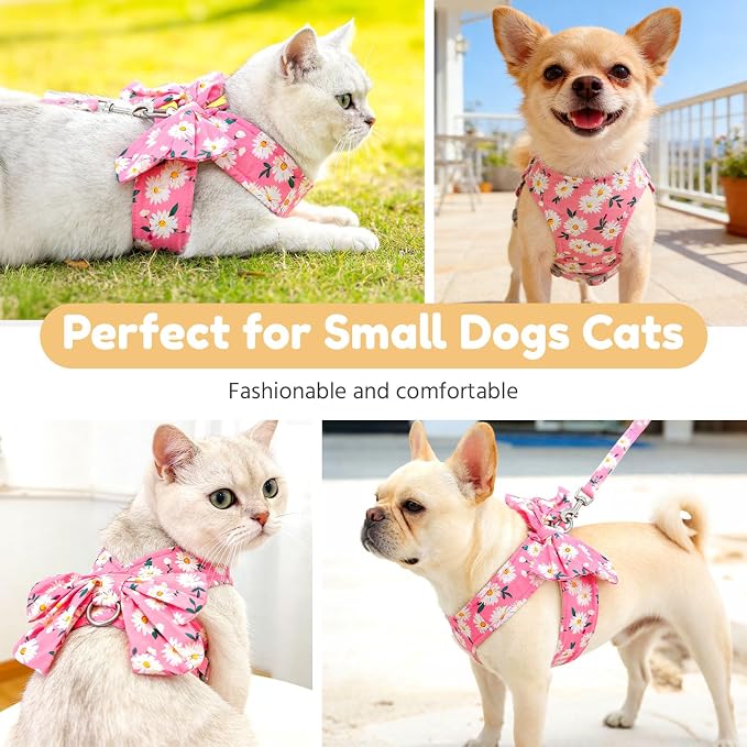 BAEJMJK Dog Harness and Leash Set with Bow Knot No Pull Pet Daisy Floral Harness with D-Ring Soft Mesh Dog Harness Vest Set Escape Proof Princess Puppy Harness for Small Girl Dogs Cats（Pink L） - Image 8