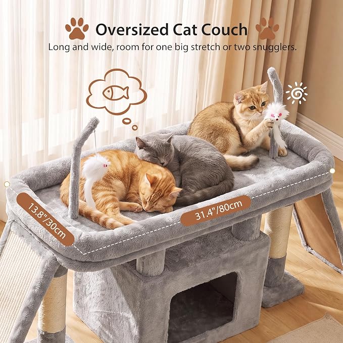 Heybly Cat Tree Extra-Long & Stable 2 Adjustable Scratch Boards HCT210SW | Easy-Climb Cat Tower with Dual-Leg Floor Condo, Sturdy Cat Furniture with Extra Wide Platform & Interactive Toys, Light Gray - Image 2