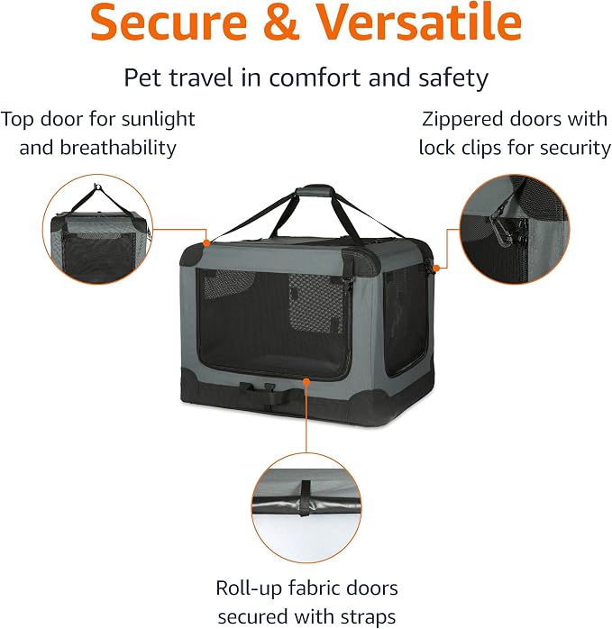 Amazon Basics 4-Door Portable Folding Soft Dog Crate, Collapsible Travel Kennel for Cat, Dog, and Other Small Animals, Pop Up with Easy Transportation, Grey, M 30" x 21" x 21" - Image 2