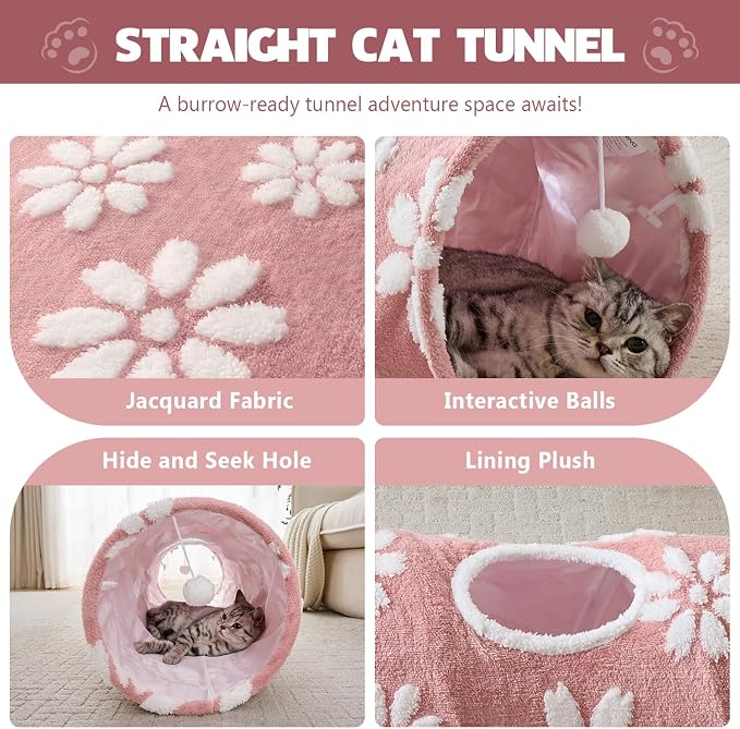 Straight Cat Tunnel for Indoor Cats 47"x12", Pink Flower | Cute Cat Toys, Collapsible Tunnel Tube with Hanging Balls for Puppy Kitten Rabbit - Image 2