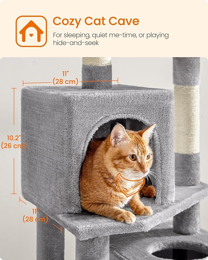 Feandrea Cat Tree, 59.5-Inch Tall Cat Tower, Plush Multi-Level Condo with 5 Scratching Posts, 2 Perches, 2 Caves, Hammock, 2 Pompoms, Light Gray UPCT192W01 - Image 6