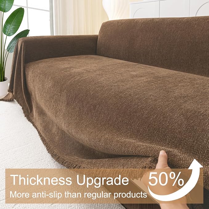 Smiry Couch Cover for Dogs, Chenille Sofa Covers for 3 Cushion Couch | Washable Soft Sofa Slipcover for Pets, Thick Sectional Furniture Protector with Tassels (Chocolate, 71x134 Inch) - Image 4