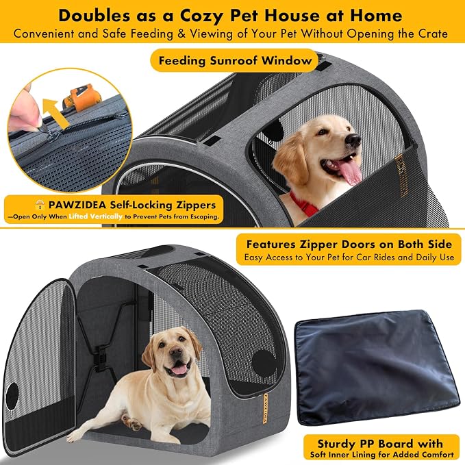 PAWZIDEA Portable Dog Crate for Car Travel, Medium & Large Dogs Up to 80lbs | Soft-Sided Dog Car Kennel for Backseat, Secures Seatbelt & Headrest Strap, Collapsible Enclosed Car Seat Carrier, Chew-Proof - Image 7