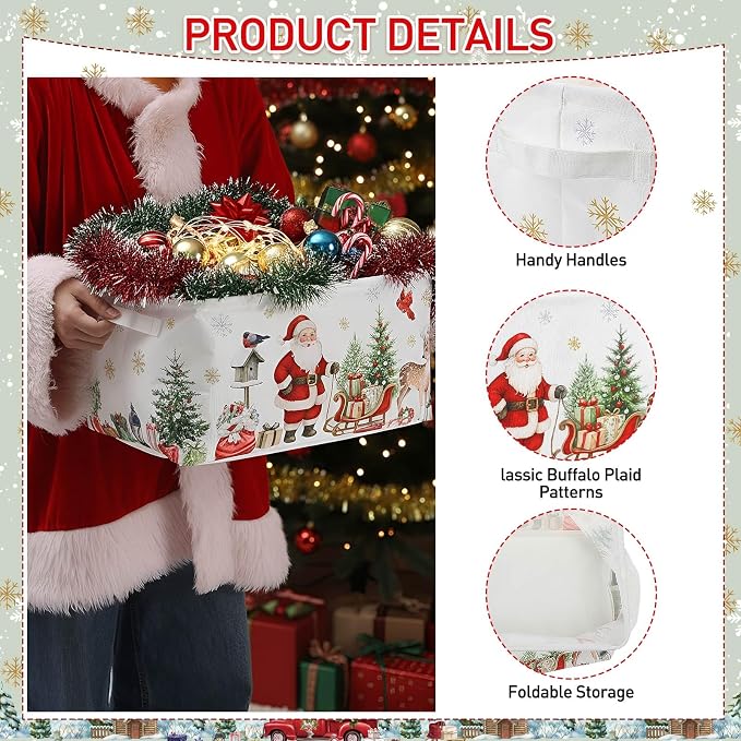 FoldTier 4 Pcs Empty Christmas Storage Baskets with Handles, Rustic | Large Foldable Christmas Baskets for Gifts, Winter Storage Boxes, Farmhouse Xmas Gift Bins for Office Home Nursery Cloth - Image 3