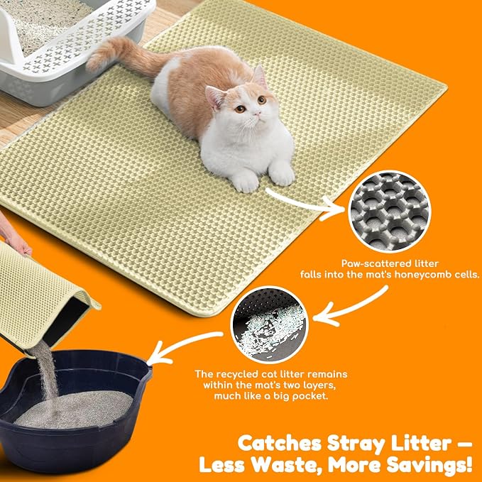 Cat Litter Mat 24"x16",Double Layer EVA Litterbox Mat Cream | Extra Large Honeycomb, Waterproof & non-slip, Odor-free, easy clean, washable durable floor protector,scatter control - Image 6