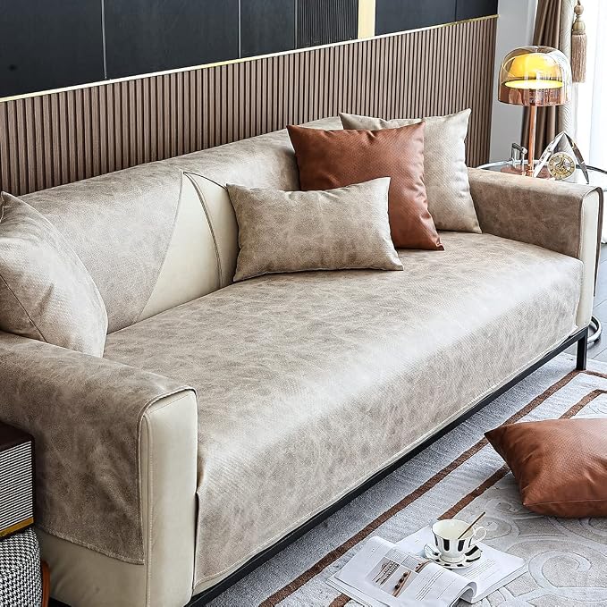 vctops Vintage Leather Look Sofa Cover Water Resistant Non-Slip Sectional Couch Cover Sofa Slipcover for Dogs, Children, Pets Furniture Protector (Beige,43"x63") - Image 4