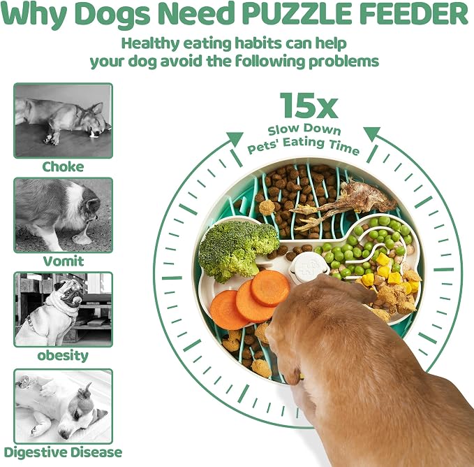 Puzzle Feeder Slow Feeder Dog Bowl for Large Dogs with Non-Slip Base - Adjustable Speed Design, Removable Puzzle Inserts & Dishwasher Safe, Green - Image 4