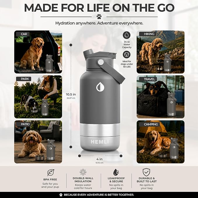 32 oz. Dog Water Bottle, Insulated Dog Travel Water Bottle, Stainless Steel Pet Water Bottle Dispenser Portable Food and Water Bowl for Dogs for Walking Dog Canteen Travel Kit - Image 5