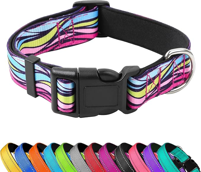Reflective Dog Collar, Adjustable Neoprene Padded,Colorful Wave Pattern,S | Breathable Nylon for Small Dogs,Tear-Resistant Webbing,Chafe‑Free on Walks and Hikes,Metal D-Ring,Night Safety by PWOD
