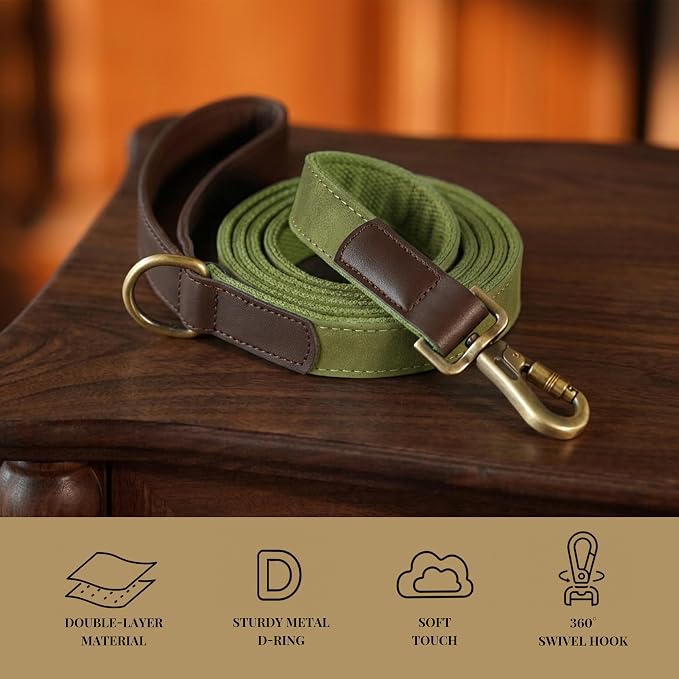 PU Leather Dog Leash for Large Dogs, 6ft Padded Handle, Olive Green | Comfortable Grip for Daily Walking Training, Full Control, Metal D-ring, Tangle-Free 360° Swivel Clasp, Easy to Clean, 1 inch - Image 4