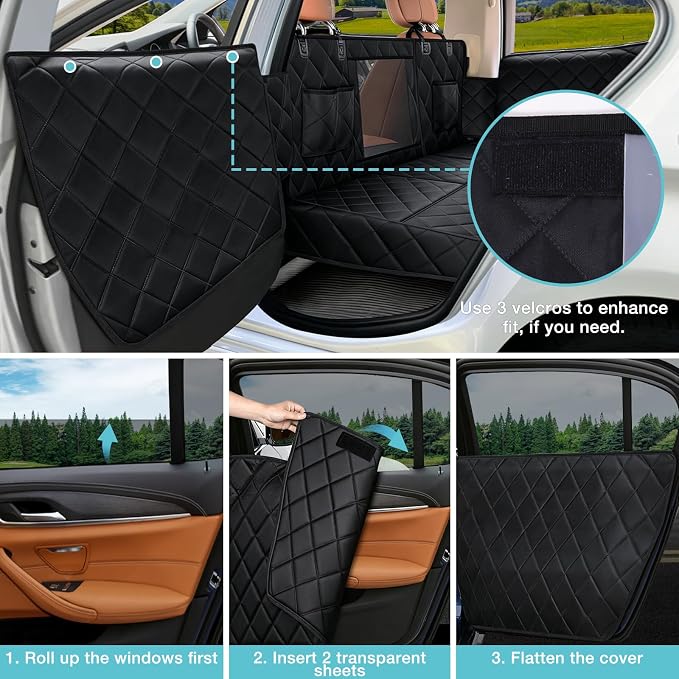Waterproof Hard Bottom Car Seat Cover for Dogs with 2 Dog Seat Belts | Waterproof,Mesh Window,Zero Slide,Easy Removal & Storage,Heavy-Duty Oxford Fabric,Double-Stitched Seams - Image 7