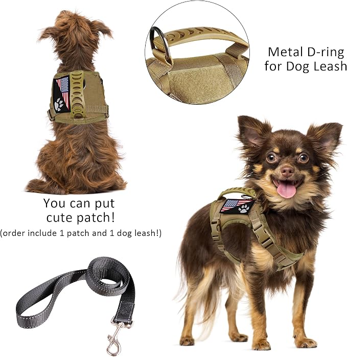 Tactical Dog Harness with Leash Tactical Puppy Vest with Rubber Handle K9 Military Adjustable Pet Harness for Outdoor Training XS Dog Harness (Brown Harness with Leash) - Image 2