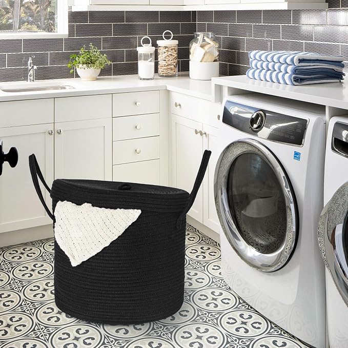 15" X 13" Large Black Basket with Lid, Cotton Rope Storage Basket for Blanket, Toy, Pillow, Towel, Laundry, Wicker Living Room Bedroom Storage Bin, Black Woven Organizing Basket with Cover - Image 5