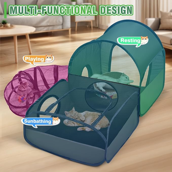 Tailtastic Indoor/Outdoor Cat Playpen with Surround Tunnel 2 Zones Green | escape-proof enclosed enslosure,lightweight foldable for travel, ideal for indoor cats, multi-cat homes & birthing - Image 5