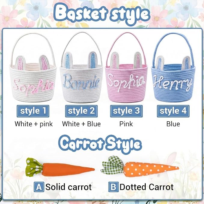 MBBEST Personalized Easter Bunny Basket - Custom 3D Name Cotton Rope Easter Bucket with Cute Ears & Plush Charm, Hand-Woven Easter Egg Hunt Bag, Unique Gift Storage for Kids Toddlers Boys Girls - Image 6