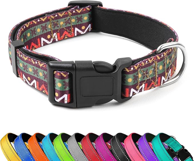 Reflective Dog Collar, Adjustable Neoprene Padded,Retro Geometric Flowers,M | Breathable Nylon for Medium Dogs,Tear-Resistant Webbing,Chafe‑Free on Walks and Hikes,Metal D-Ring,Night Safety by PWOD