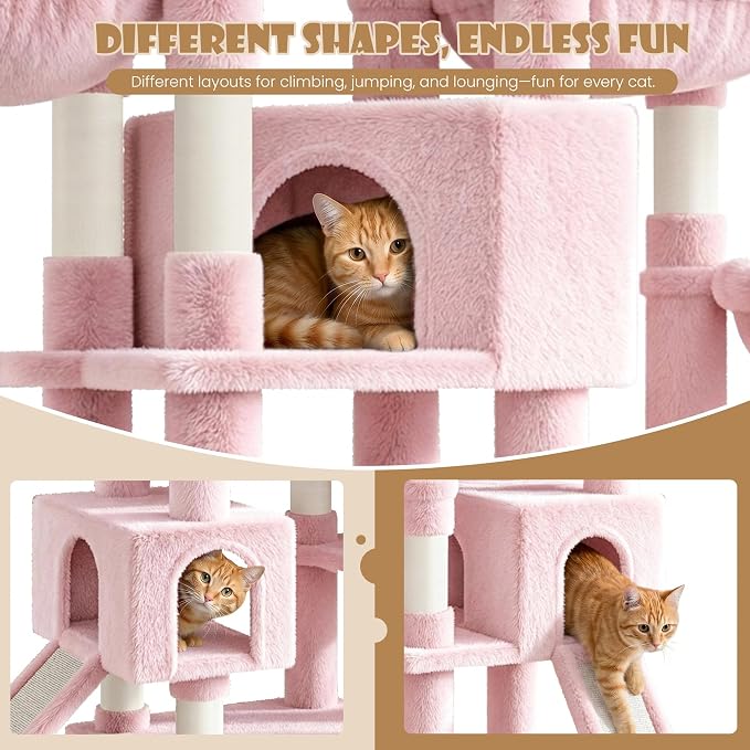 Sha Cerlin 87 in Multi-Level Tall Cat Tree Tower for Large Cats/Extra Wide Feline Activity Center/Sisal Scratching Posts/Wide Base/Cozy Plush Perches/Baskets/Hammocks/Toy Balls/Pink - Image 3