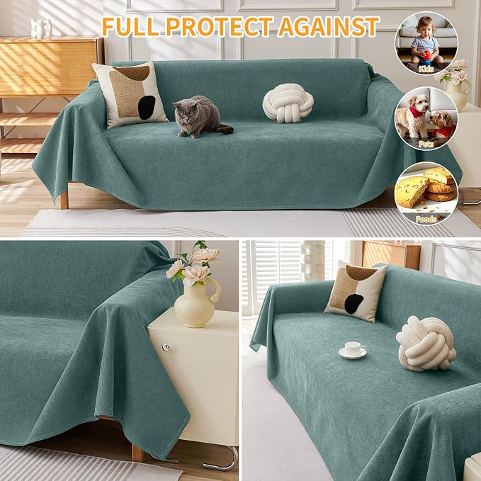 Deep Dream Cat-Scratch Resistant Couch Cover, Waterproof Sofa Cover for 3 Cushion Couch Washable, Pet Friendly Couch Protectors Anti Slip Thickened Love Seat Slipcovers for Dogs Pets,91" x 134",Green - Image 5