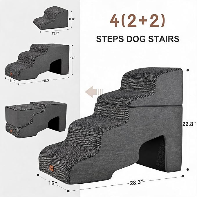 Garnpet Dog Stairs for Bed with Tunnel, 4-Step Dog Steps for Small Dogs and Cats, Non-Slip Indoor Pet Stair for Couch Sofa and Chair, Dark Grey - Image 2