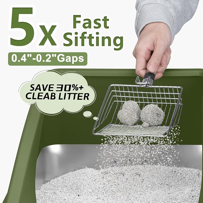 AIPERRO Stainless Steel Litter Box | XL Enclosed Metal Cat Litter Boxes | High Sided with Lid for Big Cats | Anti-Urine Leakage | Non-Stick Bottom & Includes Litter Mat & Metal Scoop (Olive Green) - Image 8
