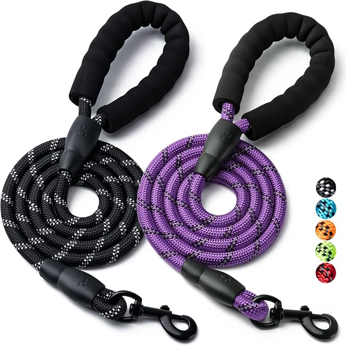 2 Pack Dog Leash, Heavy Duty Nylon Rope Pet Leashes(6FT-1/2,Black/Purple) | Comfortable Padded Handle, Anti-tangle Swivel Clip, Reflective for Night Walks and Training, Climbing Rope for Strong Pullers by BOOMIBOO