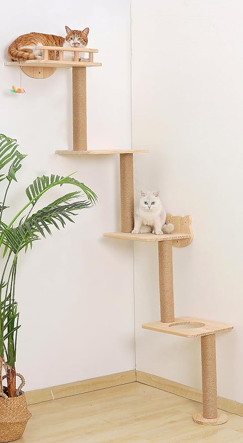 Cat Tree Wall Mounted with 4 Levels Shelves, 73" Wood Corner Tower Inside Kitten Scratching Post for Climbing,Perching and Lounging (Right to Left) by Caloreduce
