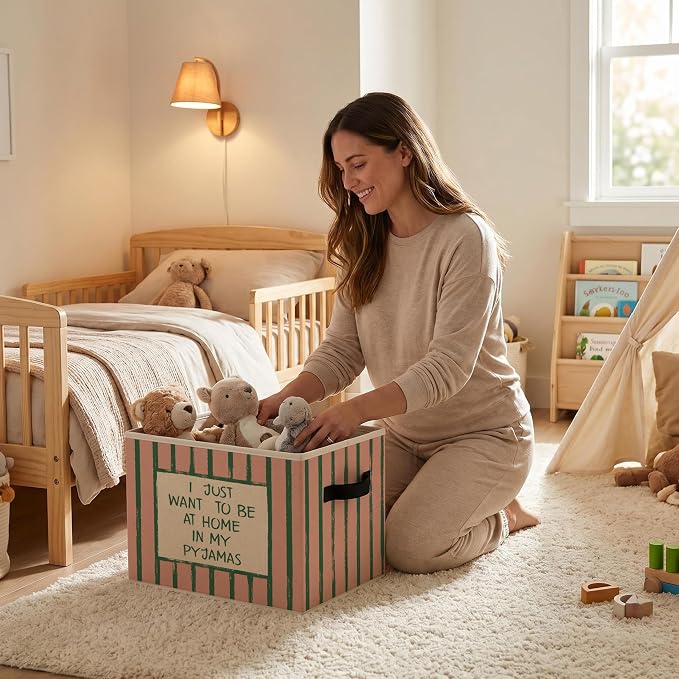 Cozy Home Quote Storage Bins Box with Handles, Lazy Day Collapsible Storage Basket, Retro Striped Foldable Basket for Organizing Playroom Nursery Bedroom Toys Books Clothes - Image 5