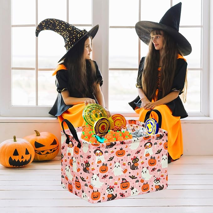 Pink Halloween Storage Basket for Girls, Pumpkin Ghost Bat Spider Design - Image 6